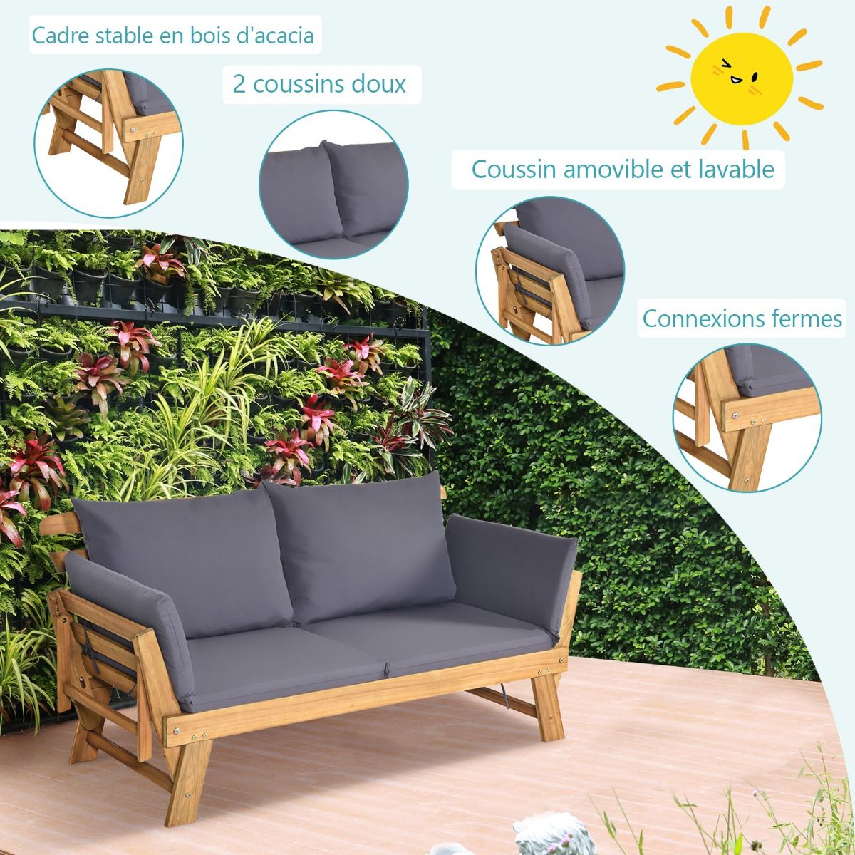 Chaise Longue Convertible avec Coussin Canapé de Jardin 2 en 1 en Bois d’Acacia avec Accoudoir Réglable pour Patio Piscine Jardin Blanc/Gris/Bleu/R...