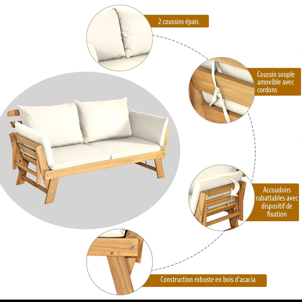 Chaise Longue Convertible avec Coussin Canapé de Jardin 2 en 1 en Bois d’Acacia avec Accoudoir Réglable pour Patio Piscine Jardin Blanc/Gris/Bleu/R...