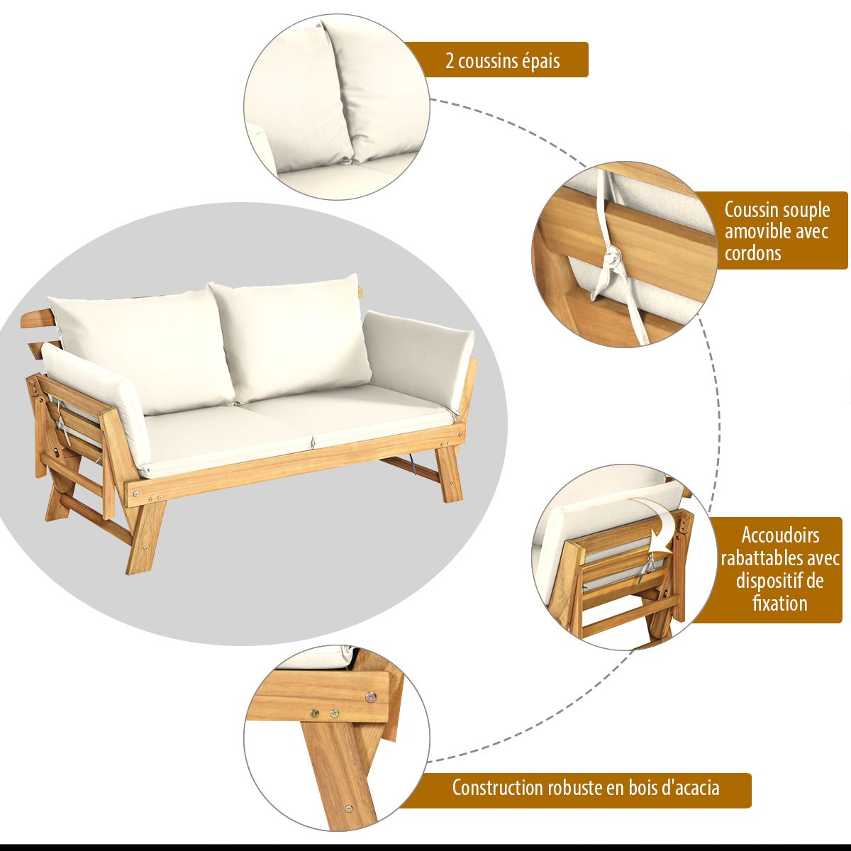Chaise Longue Convertible avec Coussin Canapé de Jardin 2 en 1 en Bois d’Acacia avec Accoudoir Réglable pour Patio Piscine Jardin Blanc/Gris/Bleu/R...