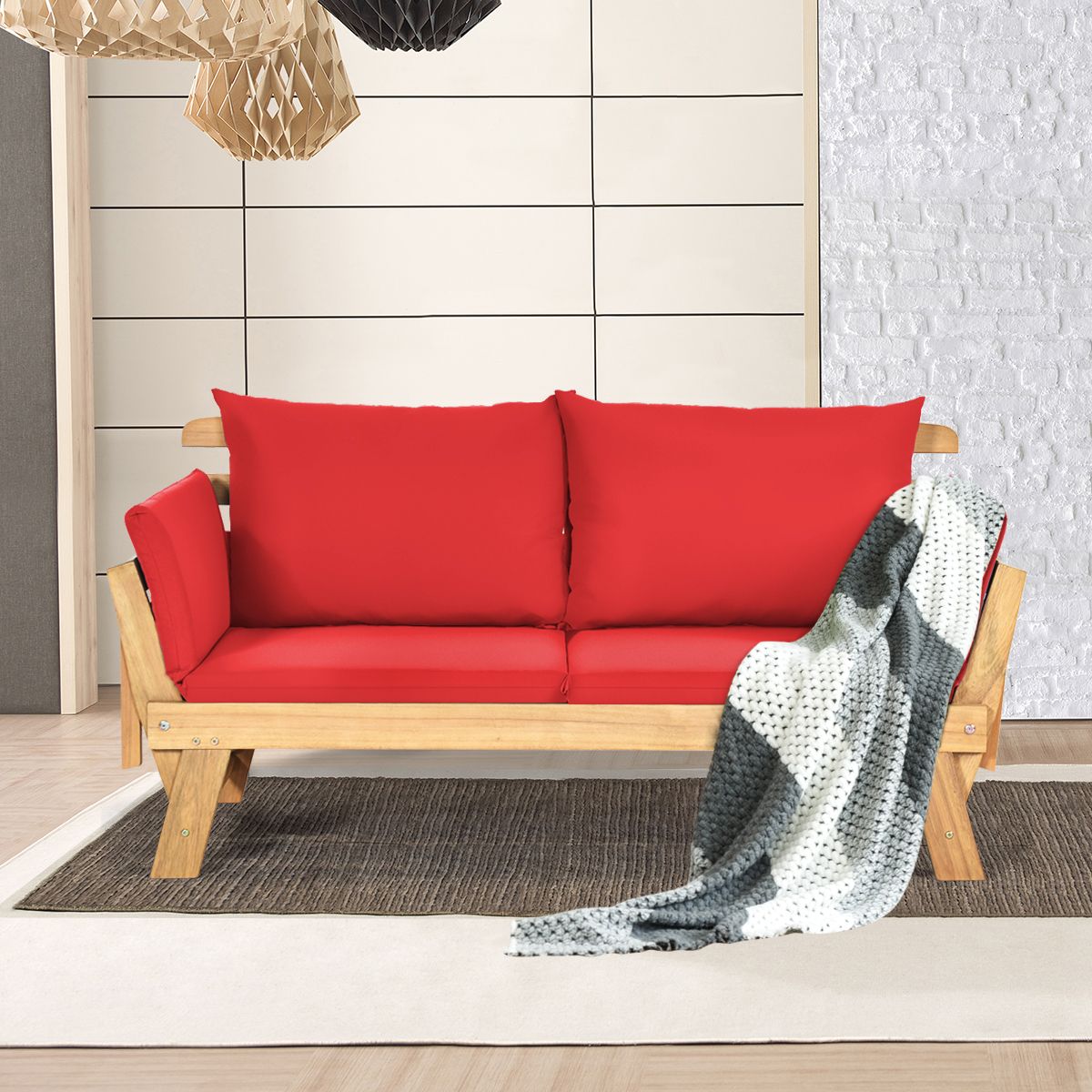 Chaise Longue Convertible avec Coussin Canapé de Jardin 2 en 1 en Bois d’Acacia avec Accoudoir Réglable pour Patio Piscine Jardin Blanc/Gris/Bleu/R...