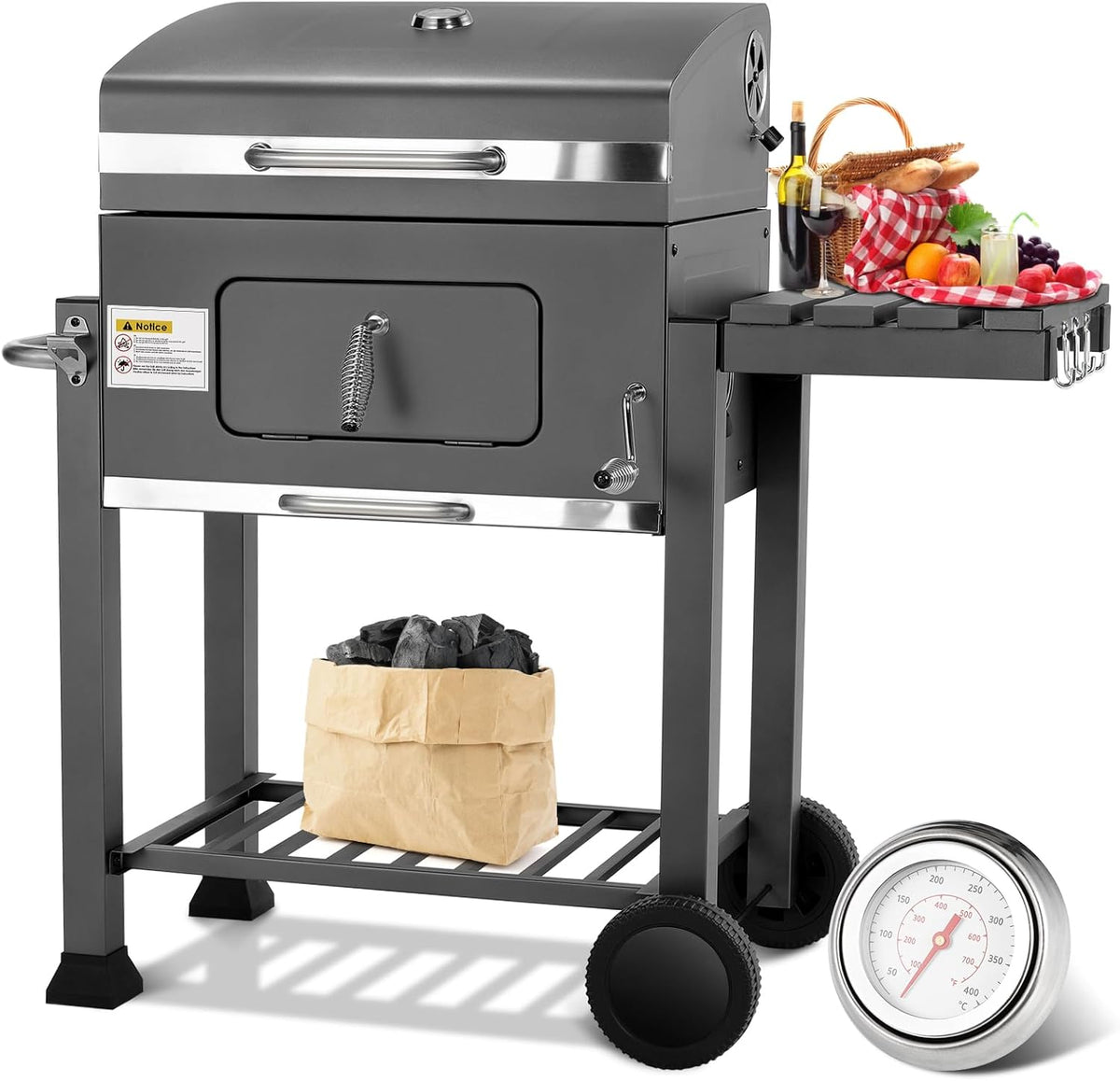 Barbecue Charbon de Bois XL, Chariot à Barbecue, Grill XL à Charbon avec Couvercle, Roues et Thermomètre, Réglable en Hauteur, Grand Barbecue au Ch...