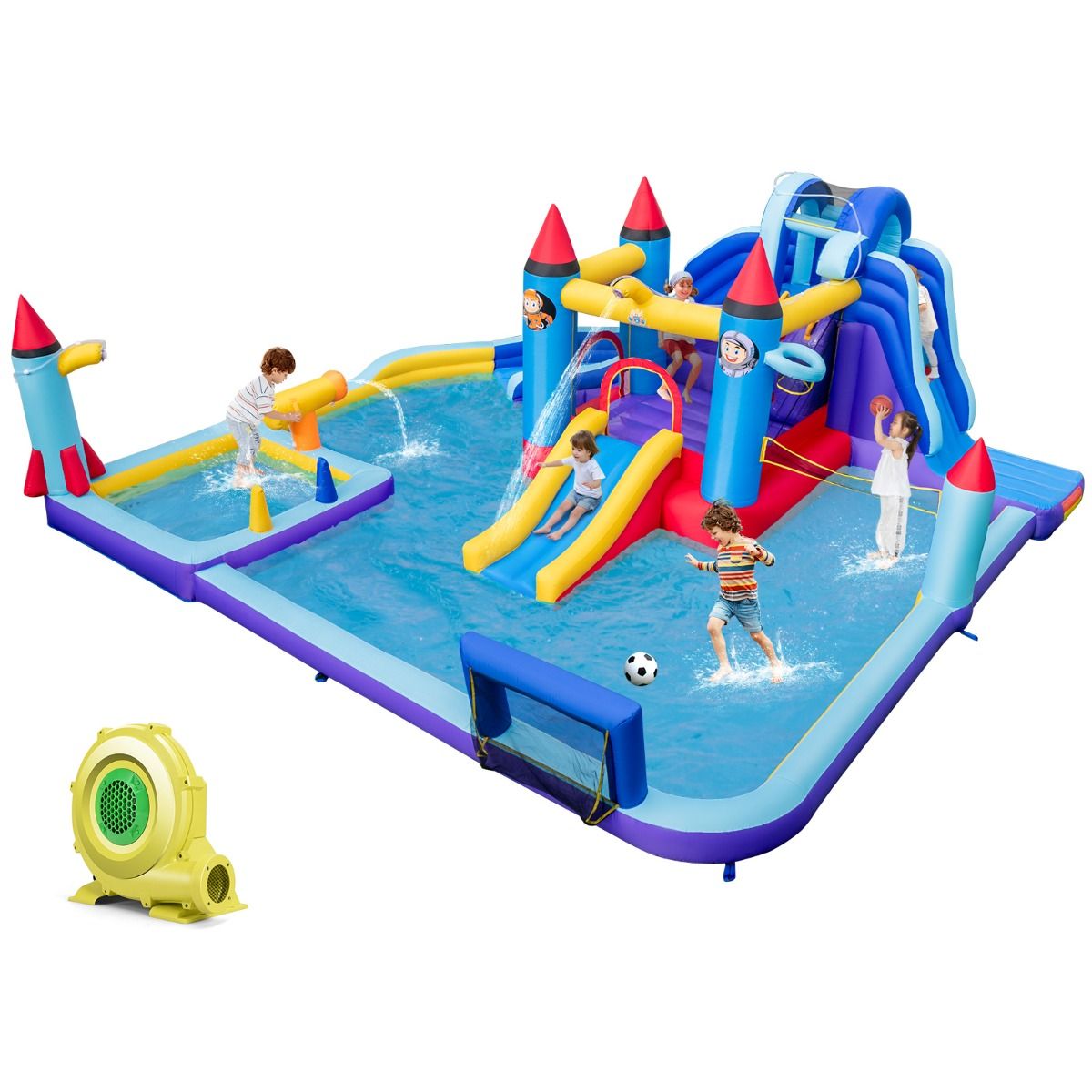 Château Gonflable à Toboggans Aquatiques Thème de La Fusée pour Enfants Piscine Zone de Saut Pistolet à Eau Escalade Souffleur de 850 W Multicolore