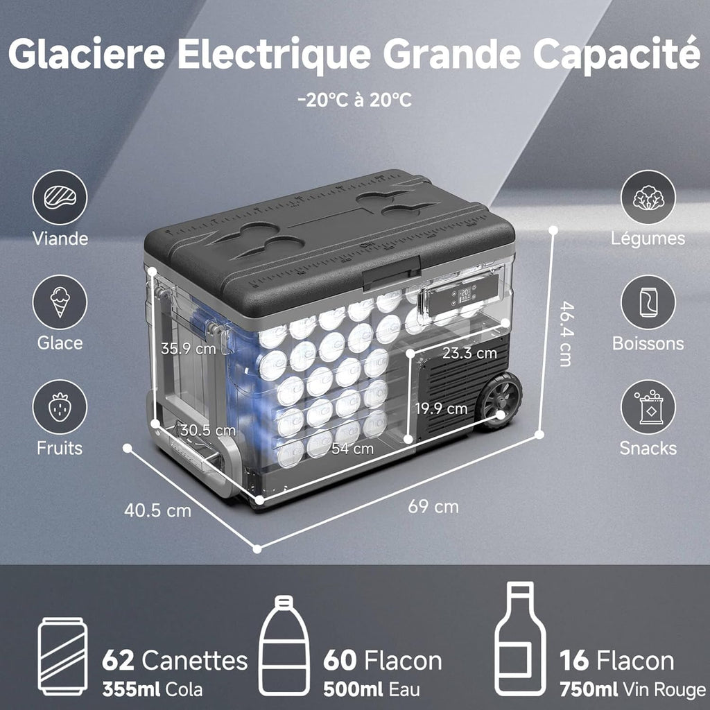 AAOBOSI 45L Glacière à Compresseur, Glaciere Électrique -20℃ à 20℃, Frigo Camion APP&Bouton Contrôle, 12/24V DC et 100-240V AC Glaciere Camping Pou...