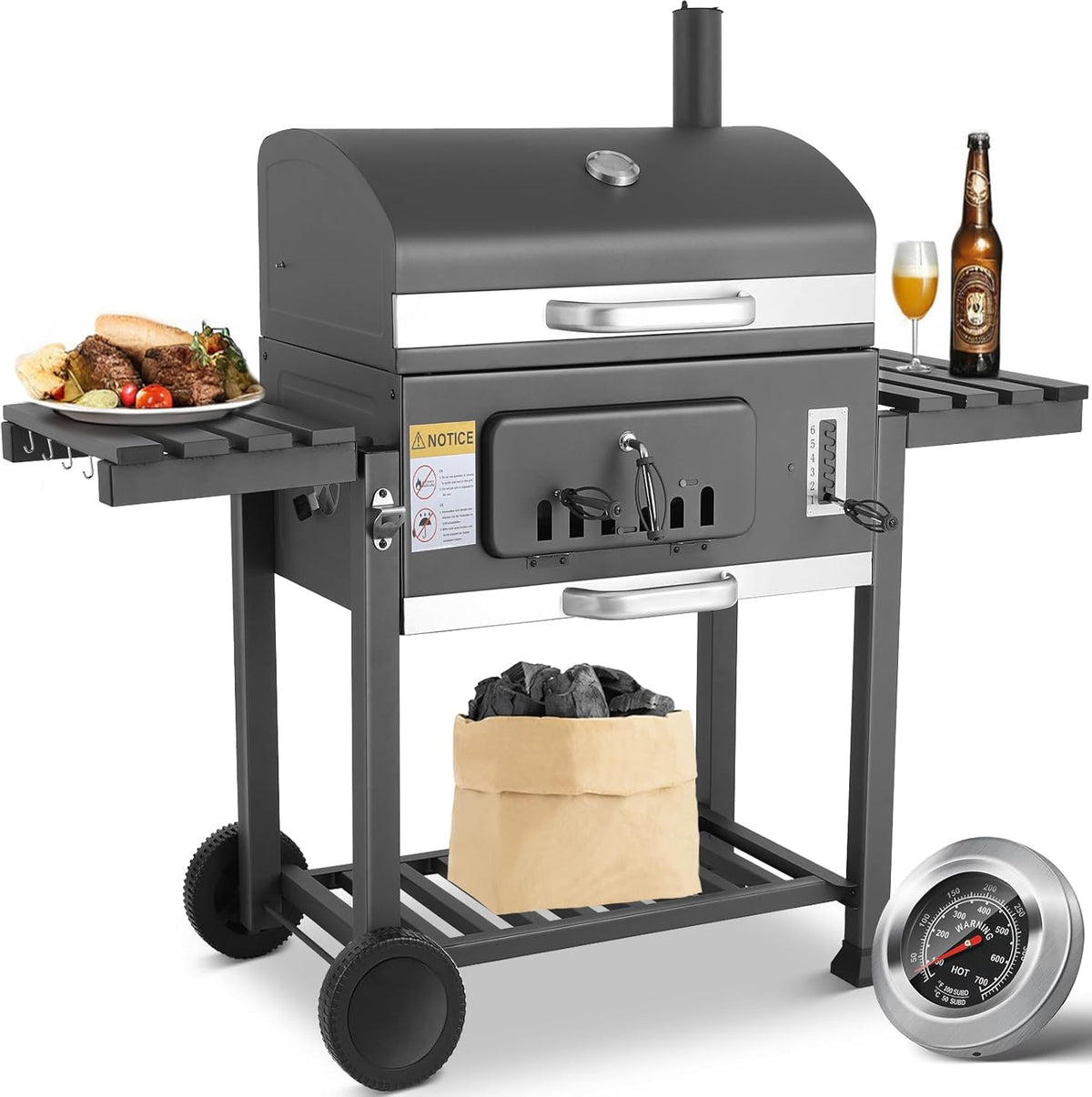 Barbecue Charbon de Bois XL, Chariot à Barbecue, Grill XL à Charbon avec Couvercle, Roues et Thermomètre, Réglable en Hauteur, Grand Barbecue au Ch...