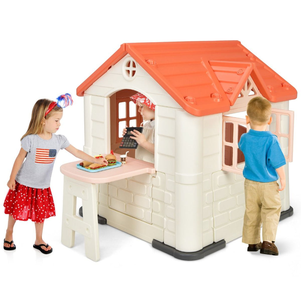 Maison Chef House -Thème Burger Bar - Table de Pique Nique Cabane de Jardin Anti-UV en Plastique 164x124x132 cm Bleu/Rose/Jaune